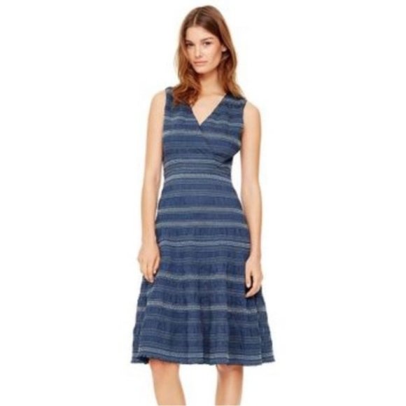 NWT Tory Burch Blue Striped Smocked CottonMidi Dress Size 4 - Picture 1 of 12
